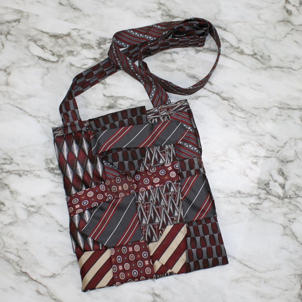 HAND CRAFTED Purse Bag Crossbody Upcycled Neck Ties Silk Red Burgundy Small